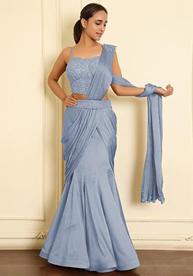 Blue Pre-Stitched Saree Set With Hand Emoridered Blouse