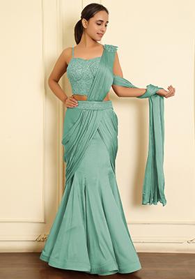 Green Pre-Stitched Saree Set With Hand Emoridered Blouse
