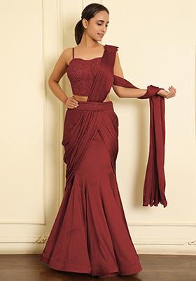 Red Pre-Stitched Saree Set With Hand Emoridered Blouse