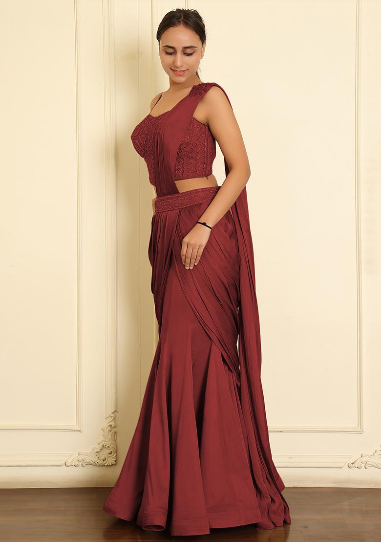 Red Pre-Stitched Saree Set With Hand Emoridered Blouse