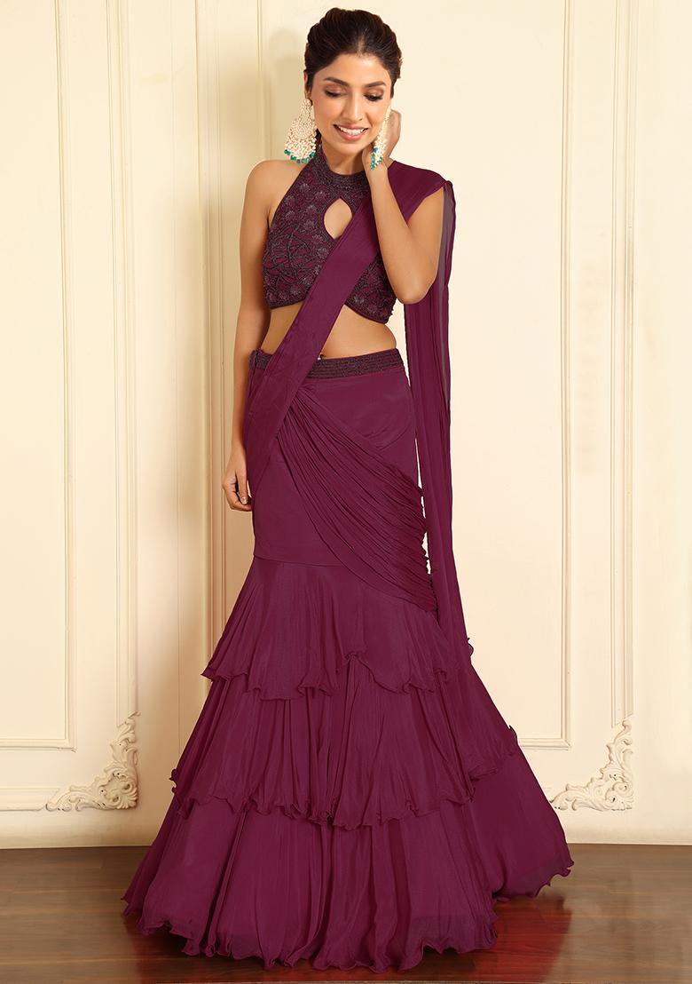 Pink Pre-Stitched Saree Set With Hand Emoridered Blouse