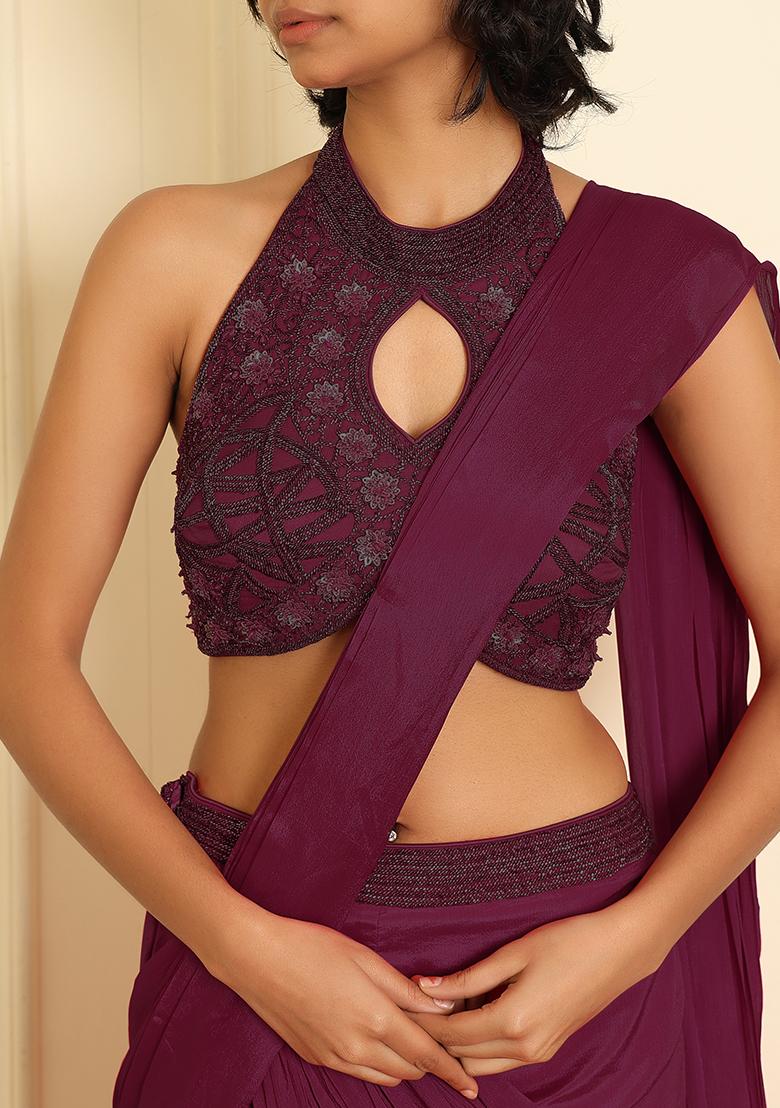 Pink Pre-Stitched Saree Set With Hand Emoridered Blouse