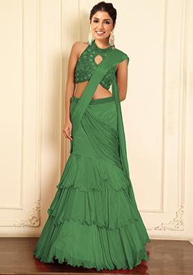 Green Pre-Stitched Saree Set With Hand Emoridered Blouse