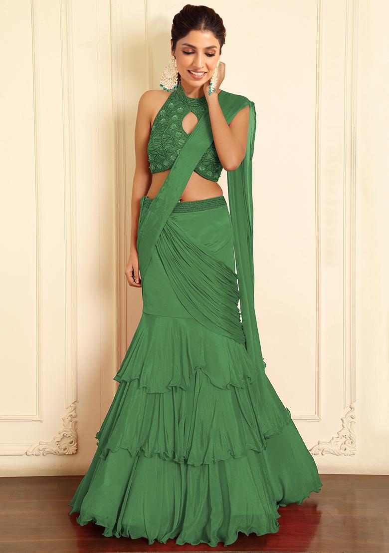 Green Pre-Stitched Saree Set With Hand Emoridered Blouse