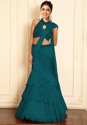 Blue Pre-Stitched Saree Set With Hand Emoridered Blouse