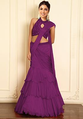 Purple Pre-Stitched Saree Set With Hand Emoridered Blouse