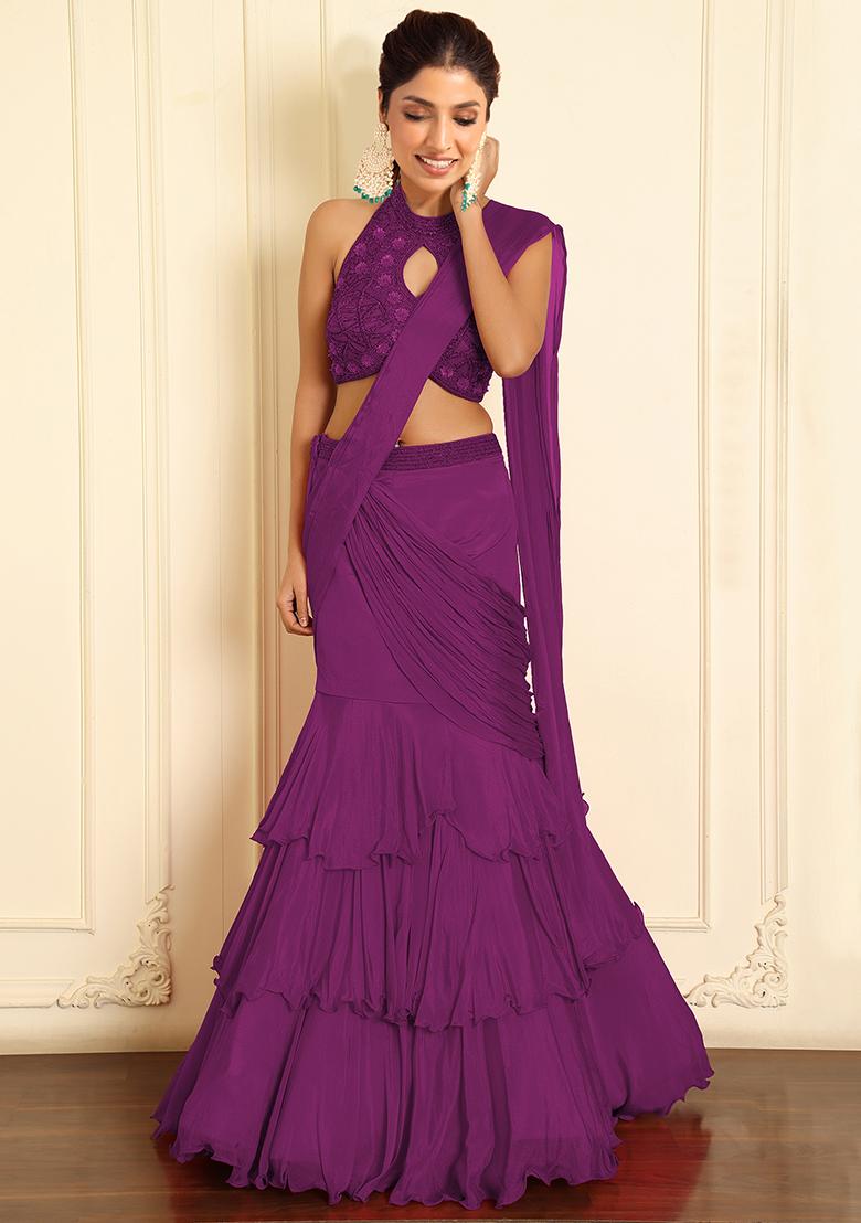 Purple Pre-Stitched Saree Set With Hand Emoridered Blouse