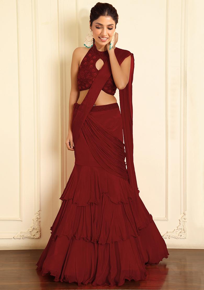 Red Pre-Stitched Saree Set With Hand Emoridered Blouse