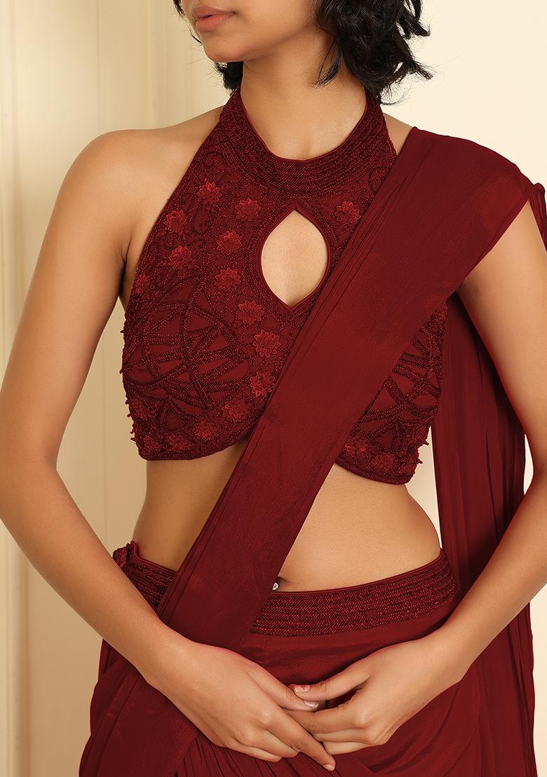 Red Pre-Stitched Saree Set With Hand Emoridered Blouse