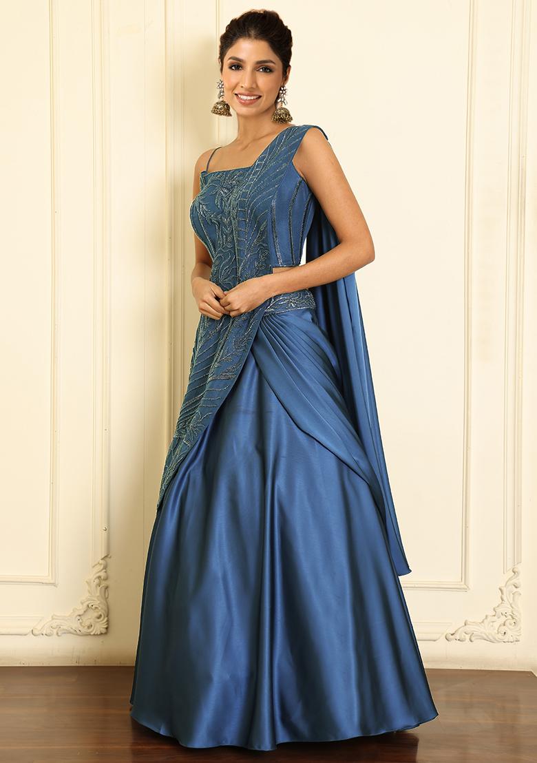 Blue Pre-Stitched Saree Set With Hand Emoridered Blouse