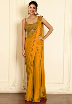 Yellow Pre-Stitched Saree Set With Hand Emoridered Blouse