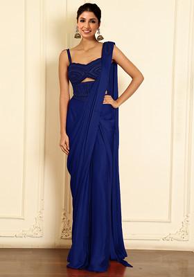 Blue Pre-Stitched Saree Set With Hand Emoridered Blouse