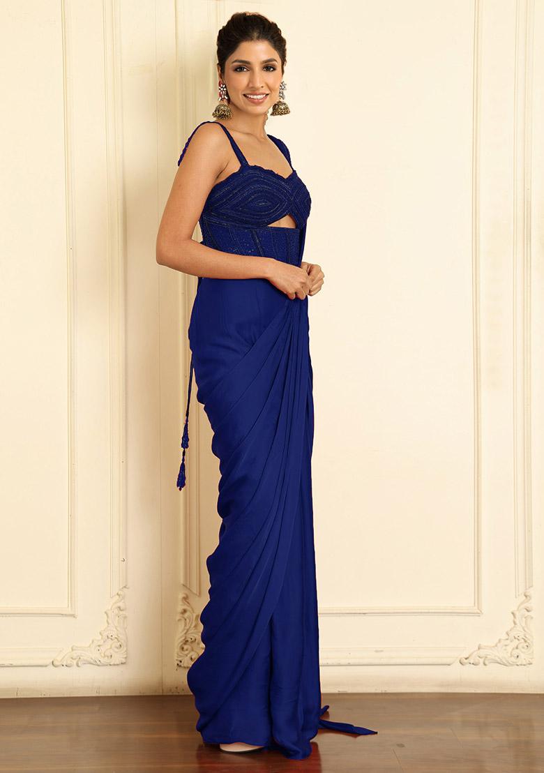 Blue Pre-Stitched Saree Set With Hand Emoridered Blouse