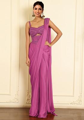 Pink Pre-Stitched Saree Set With Hand Emoridered Blouse