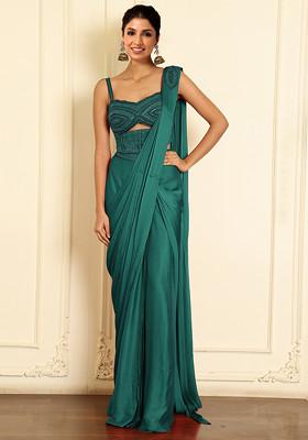 Green Pre-Stitched Saree Set With Hand Emoridered Blouse