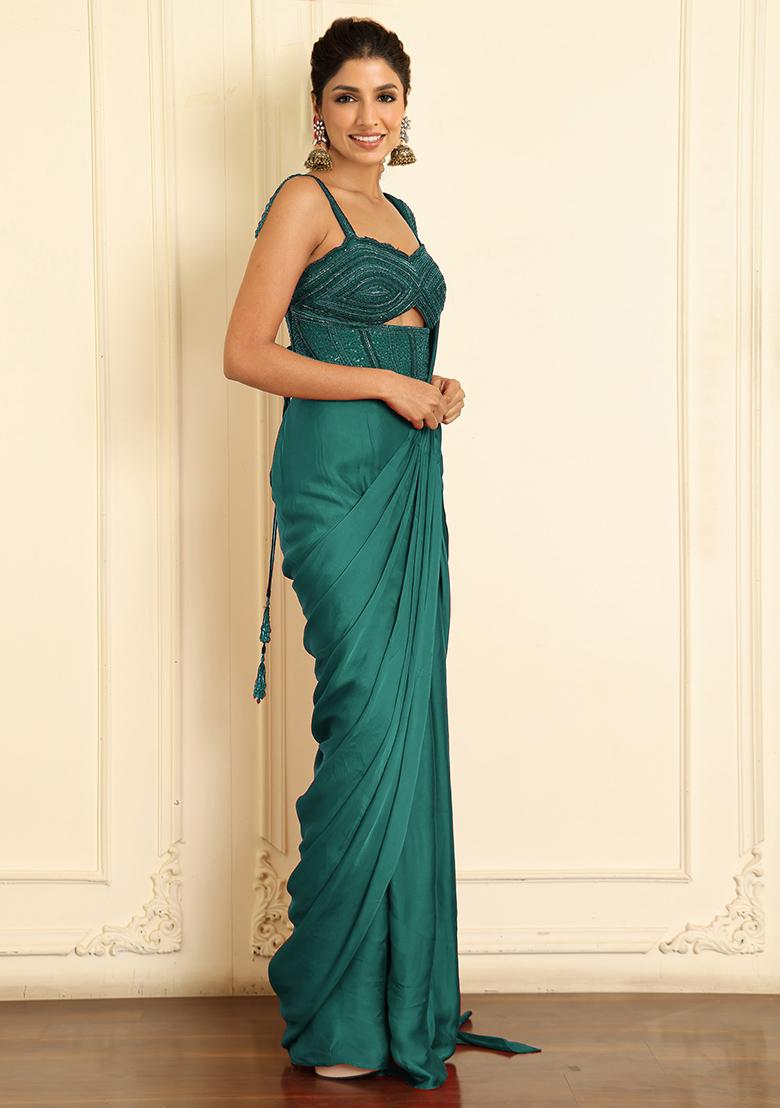 Green Pre-Stitched Saree Set With Hand Emoridered Blouse