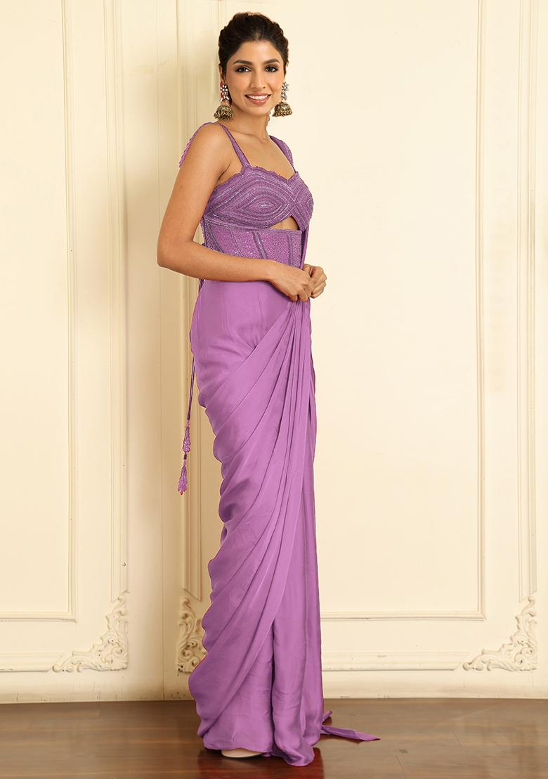 Purple Pre-Stitched Saree Set With Hand Emoridered Blouse
