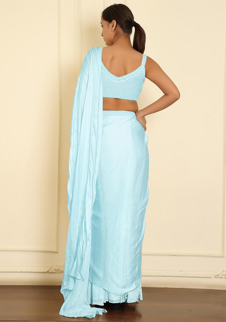 Blue Pre-Stitched Saree Set With Hand Emoridered Blouse