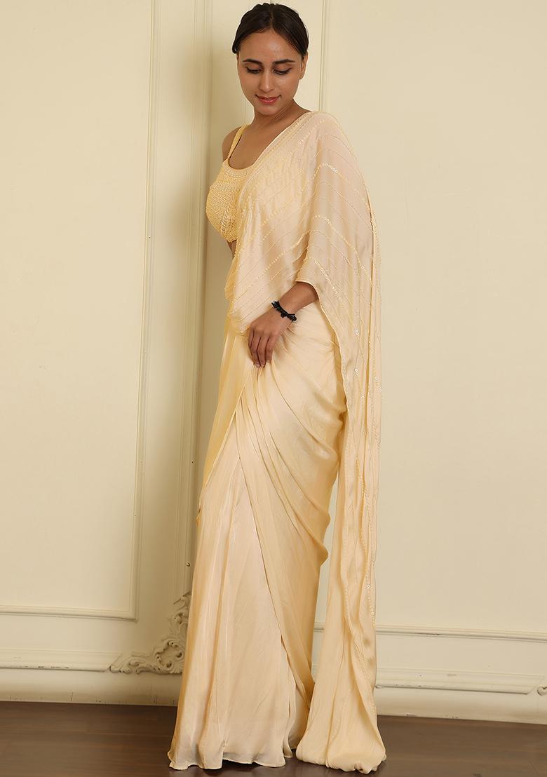 Yellow Pre-Stitched Saree Set With Hand Emoridered Blouse