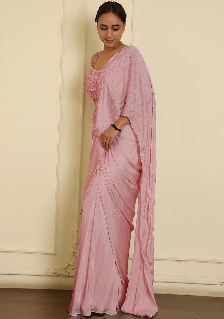 Pink Pre-Stitched Saree Set With Hand Emoridered Blouse