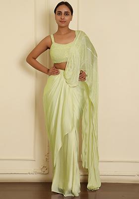 Green Pre-Stitched Saree Set With Hand Emoridered Blouse