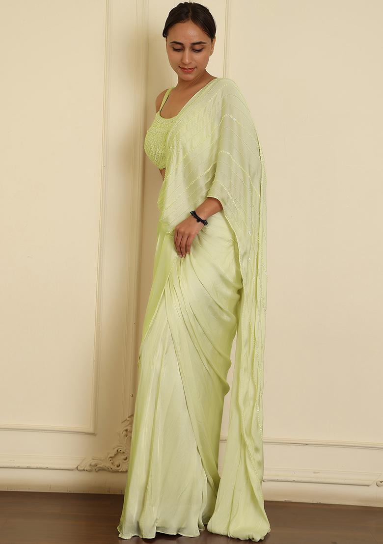 Green Pre-Stitched Saree Set With Hand Emoridered Blouse