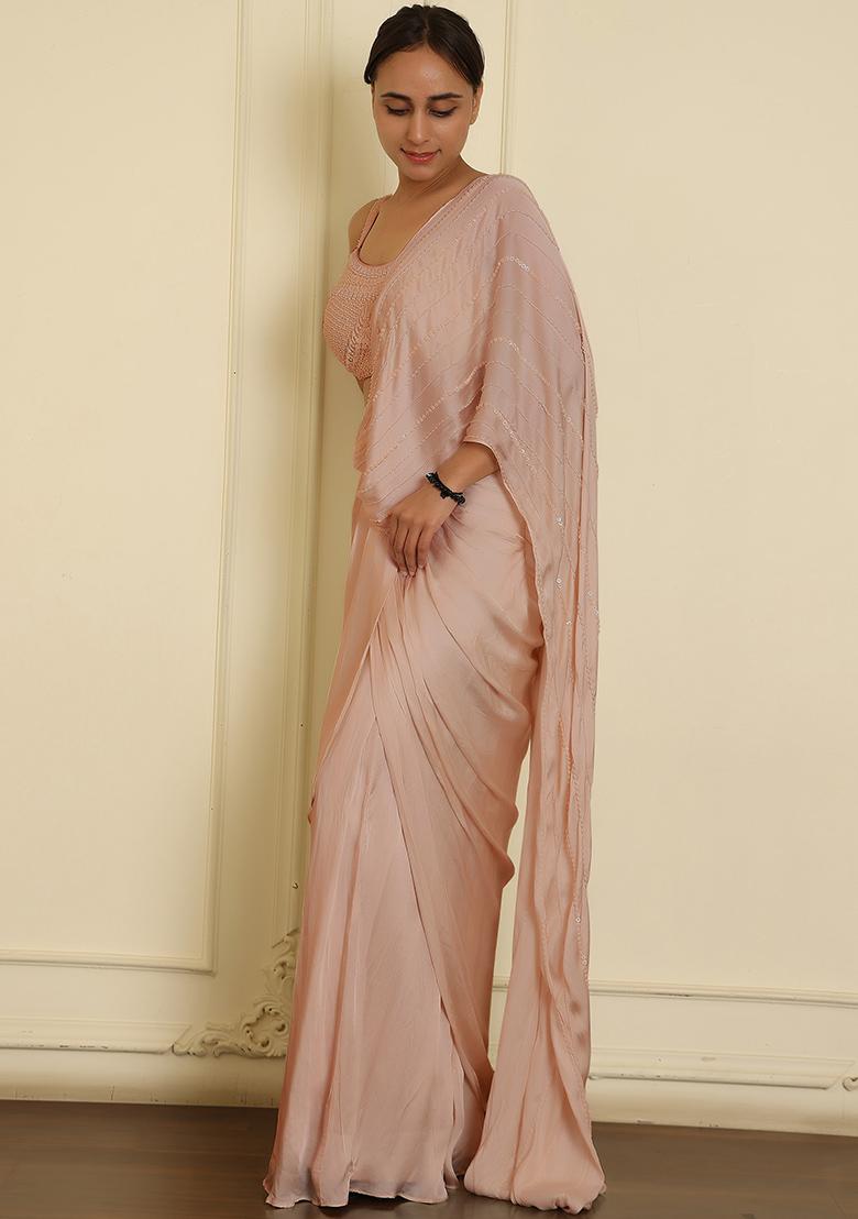 Pink Pre-Stitched Saree Set With Hand Emoridered Blouse