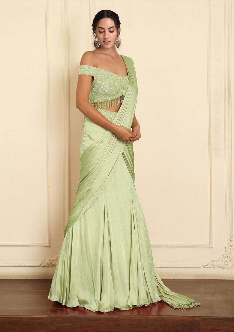 Olive Pre-Stitched Saree Set With Hand Emoridered Blouse