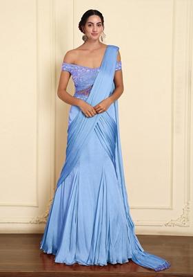 Blue Pre-Stitched Saree Set With Hand Emoridered Blouse
