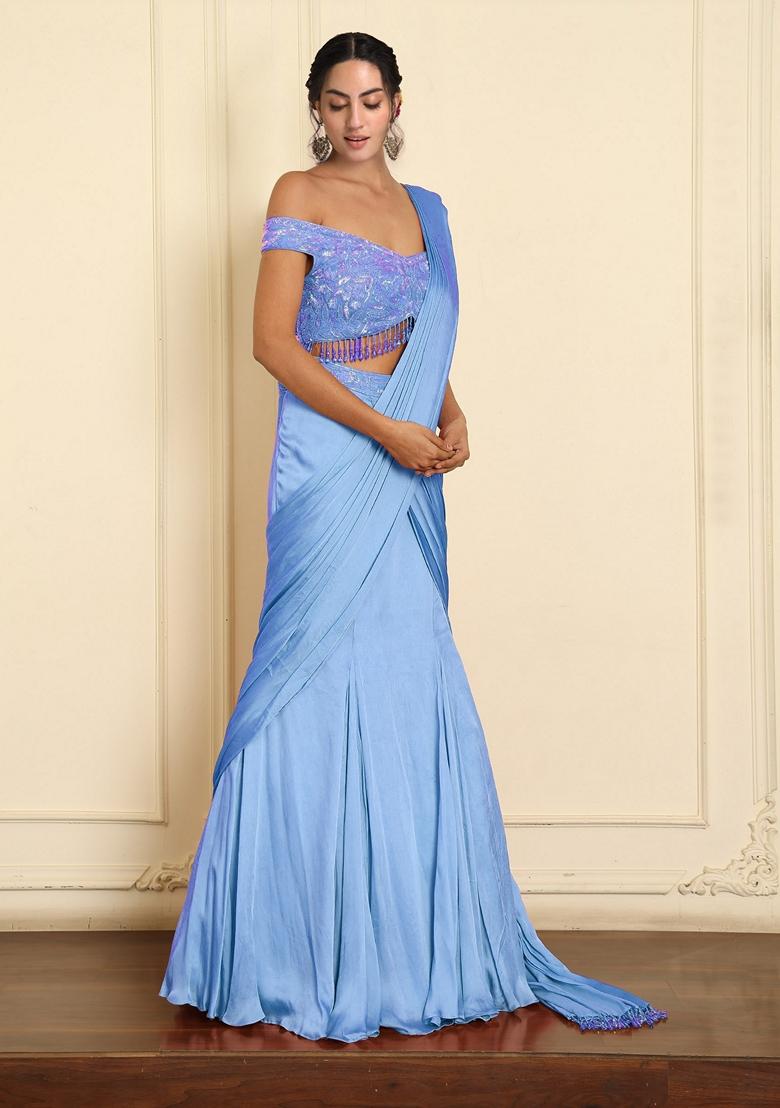 Blue Pre-Stitched Saree Set With Hand Emoridered Blouse
