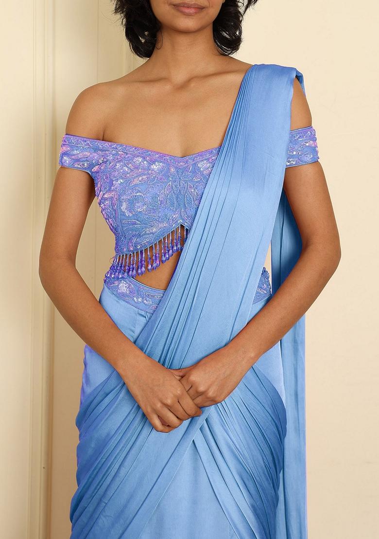 Blue Pre-Stitched Saree Set With Hand Emoridered Blouse