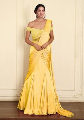 Yellow Pre-Stitched Saree Set With Hand Emoridered Blouse