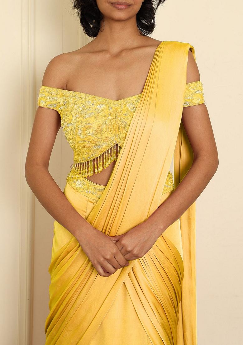 Yellow Pre-Stitched Saree Set With Hand Emoridered Blouse