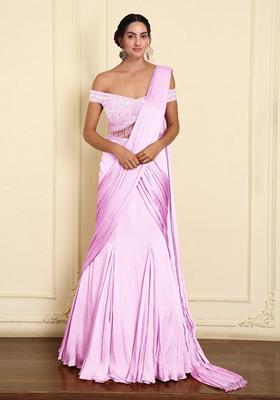 Pink Pre-Stitched Saree Set With Hand Emoridered Blouse