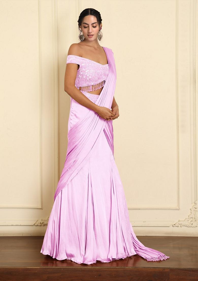 Pink Pre-Stitched Saree Set With Hand Emoridered Blouse