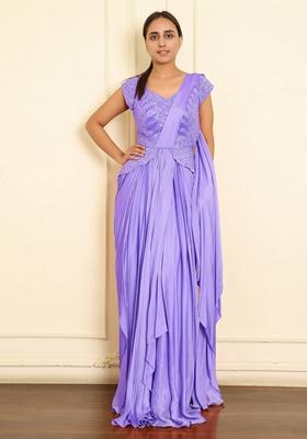 Lilac Pre-Stitched Saree Set With Hand Emoridered Blouse