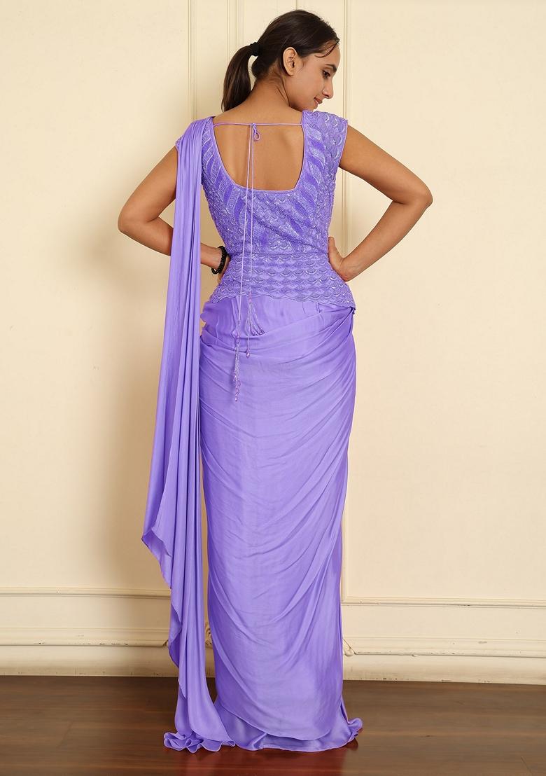 Lilac Pre-Stitched Saree Set With Hand Emoridered Blouse