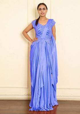 Blue Pre-Stitched Saree Set With Hand Emoridered Blouse