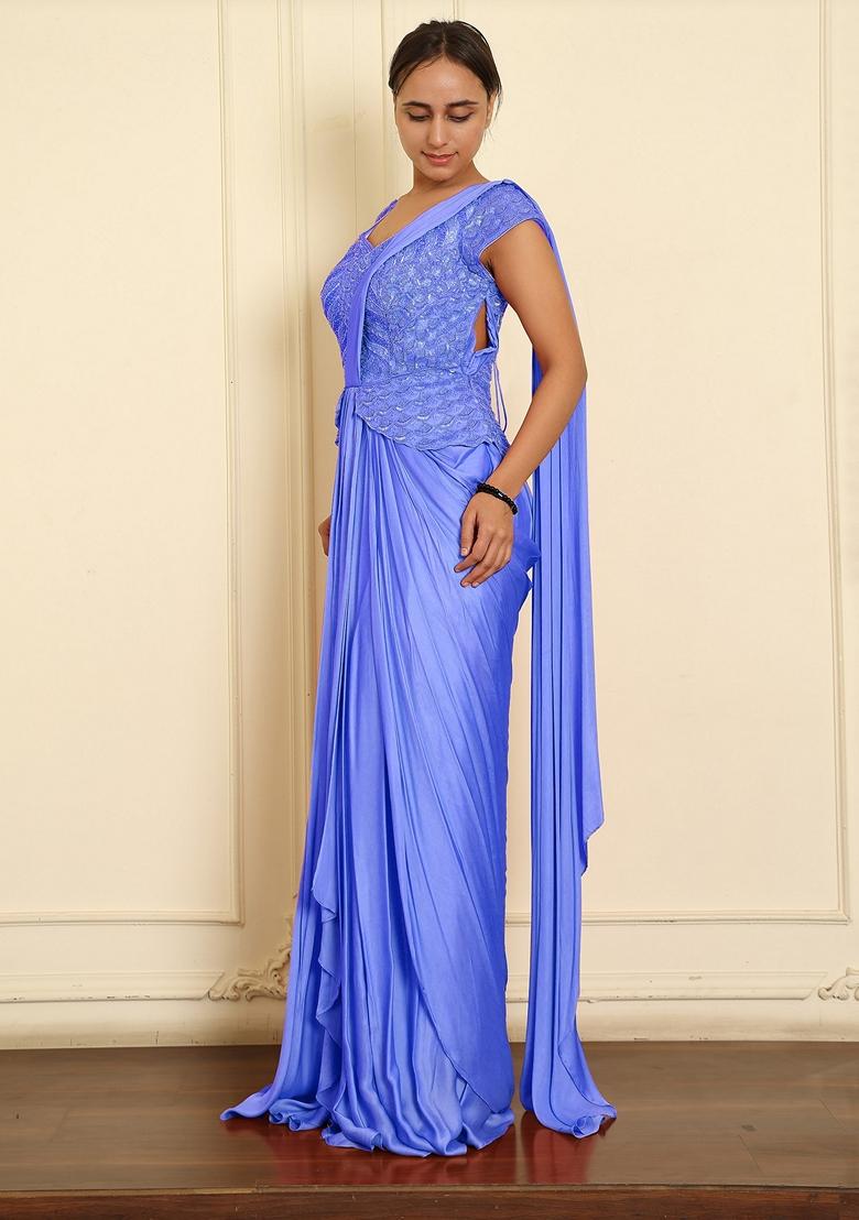 Blue Pre-Stitched Saree Set With Hand Emoridered Blouse