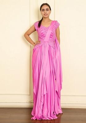 Pink Pre-Stitched Saree Set With Hand Emoridered Blouse