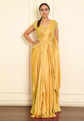 Yellow Pre-Stitched Saree Set With Hand Emoridered Blouse