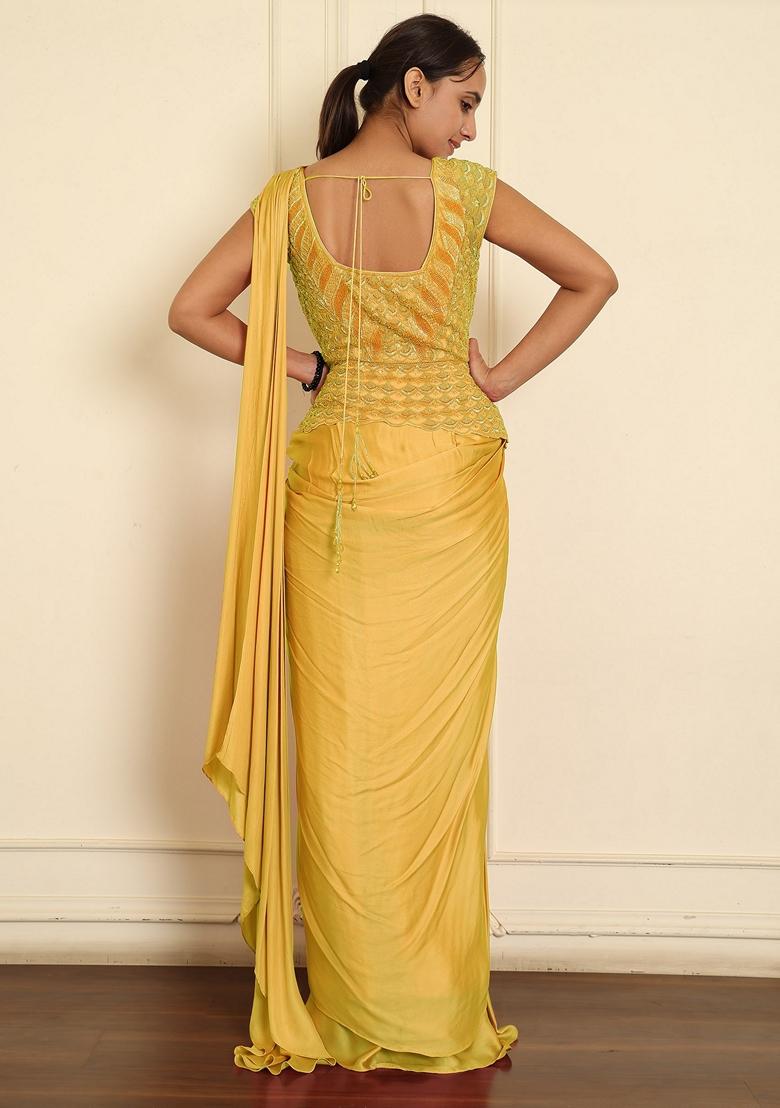 Yellow Pre-Stitched Saree Set With Hand Emoridered Blouse