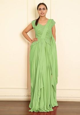 Green Pre-Stitched Saree Set With Hand Emoridered Blouse