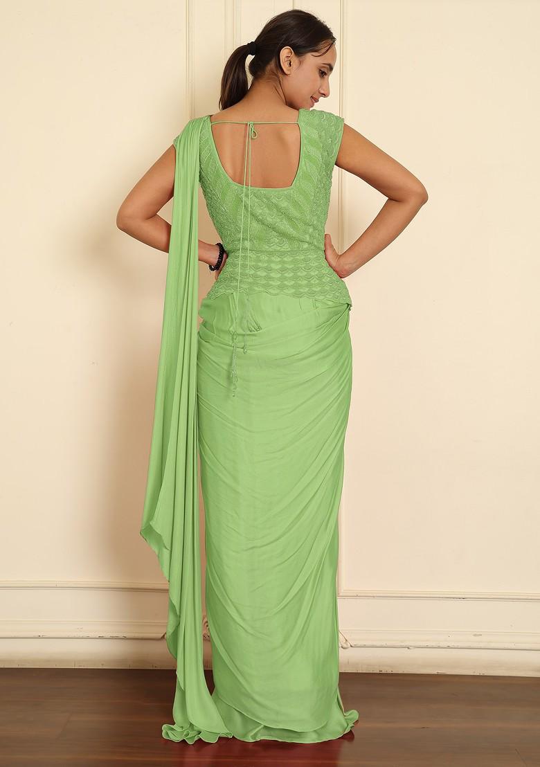 Green Pre-Stitched Saree Set With Hand Emoridered Blouse
