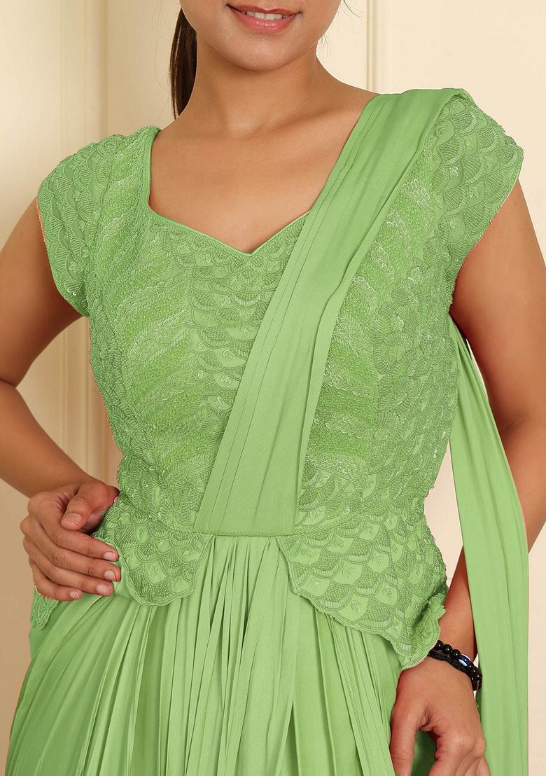 Green Pre-Stitched Saree Set With Hand Emoridered Blouse
