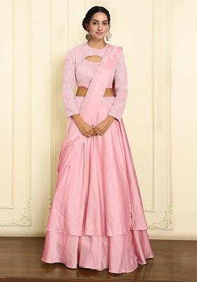 Pink Pre-Stitched Saree Set With Hand Emoridered Blouse