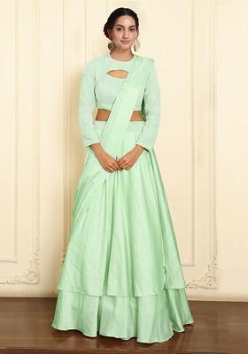 Green Pre-Stitched Saree Set With Hand Emoridered Blouse