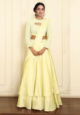 Yellow Pre-Stitched Saree Set With Hand Emoridered Blouse