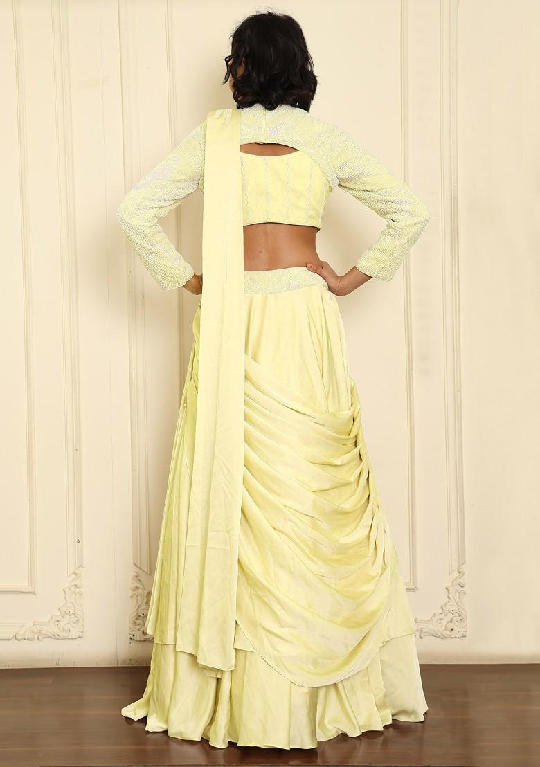 Yellow Pre-Stitched Saree Set With Hand Emoridered Blouse