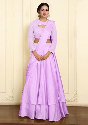 Purple Pre-Stitched Saree Set With Hand Emoridered Blouse
